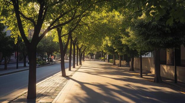 A serene street is illuminated by soft sunlight filtering through lush trees, creating gentle shadows on the pavement. It evokes a sense of peace in an urban environment, perfect for walking. photo