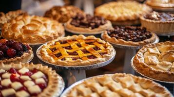 A variety of colorful fruit pies are arranged neatly on a table, showcasing different flavors and crust designs, perfect for the fall season. photo