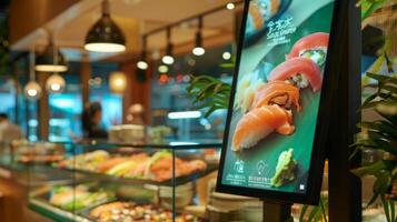A digital sushi menu at a restaurant highlights various sushi rolls. Positioned on the counter with a blurred interior background, glass case shows more options. photo