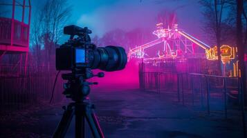 A camera on a tripod points toward a deserted amusement park, showcasing vibrant lights and eerie fog under a moody blue sky. The atmosphere feels both magical and haunting at dusk. photo