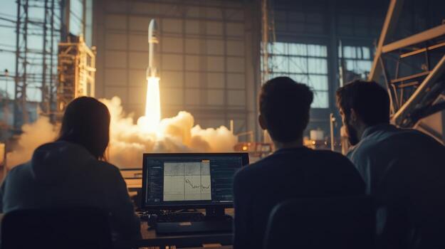 As the rocket lifts off into the sky, engineers observe its ascent from a control room filled with screens displaying vital data. The atmosphere is tense and exciting as the launch unfolds. photo