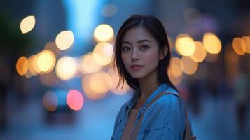 A young woman stands confidently on a bustling city street at twilight, surrounded by softly blurred lights. The vibrant bokeh creates a captivating atmosphere as she gazes directly at the viewer. photo
