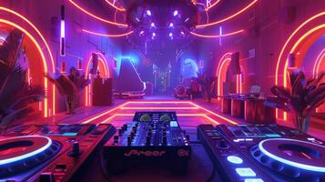 A DJ booth with turntables and a mixer is set up in a futuristic club with neon lighting and palm trees. photo
