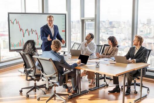 A business leader presents financial data to his team during a meeting in a modern office. Leader stands near a large screen displaying a chart, while the team members sit at a table in front of him photo