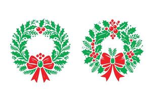 Christmas wreath illustration with red bow and baubles two Different styles vector
