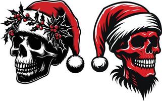 Christmas skull in witch hats in various spooky poses, Two Set of isolated white background illustration vector