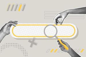 Modern halftone collage. The concept of finding information on the internet. Trendy halftone hand with magnifying glass and search bar. vector