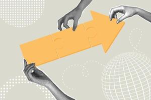 Modern halftone collage. Concept of teamwork, problem solving together, business direction, collaborate to win,achieve success. Business creative illustration for web banner, marketing material vector