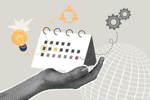 Trendy halftone collage. Project management concept, business development, teamwork. Illustration for web banner, social media banner, business presentation, marketing material. vector