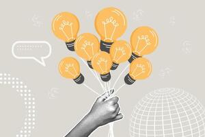 Contemporary halftone collage. Concept of business idea, invention and creativity, finding a solution. Light bulb in the form of balloons. Hands holding ideas, putting together in a bundle. vector