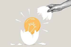 Modern halftone collage.Concept birth of an idea,creation or discovery,business solution,brilliant idea.Halftone hand removes part of shell from egg,light bulb inside idea.Modern business collage vector