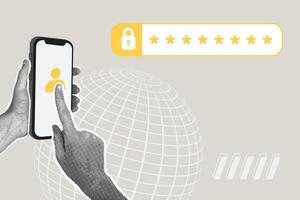 Modern halftone collage. Cybersecurity Concept. Person uses smartphone, laptop, computer to enter login and password to protect data and secure internet access. Business creative illustration for web vector