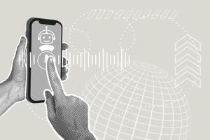 Modern halftone collage. Artificial intelligence enabled internet search concept, finding a solution. Smartphone in hand with voice icon on virtual screen to talk to chatbot. vector