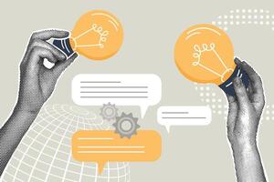 Trendy halftone collage.Idea concept, brainstorming, creativity, experience sharing. Illustration for web banner,social media banner,business presentation. vector