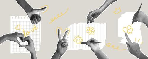 Modern halftone collage. Retro style notes, reminders, memos concept. Set of torn pieces of paper and halftone hands with pen and different gestures. Modern collage for design vector
