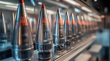 A series of sleek, metallic projectiles are showcased in a well-lit exhibition area, highlighting their design and intricate features. The reflecting surfaces create a dynamic visual effect. photo