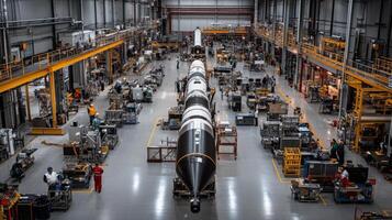 Technicians work on a large rocket in a busy manufacturing facility filled with equipment and machinery. The spacious area is organized, showcasing various stages of the assembly process. photo