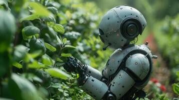 A white, humanoid robot with a large, round head is interacting with green plants in a forest setting. The robots metallic body is covered in rivets and details, giving it a realistic appearance. photo