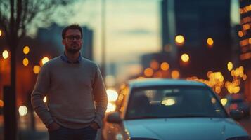 During twilight, a man wearing a sweater stands confidently on a bustling city street. The background features glowing streetlights and traffic, creating a vibrant urban atmosphere. photo