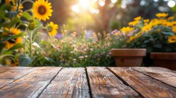 A close-up of a weathered wooden tabletop in a vibrant summer garden setting, with sunflowers and other blooms in the blurred background. photo