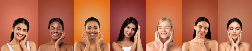A group of eight women with varying skin tones are photographed against a background of eight different colors. Each woman is smiling and touching their face with both hands. photo