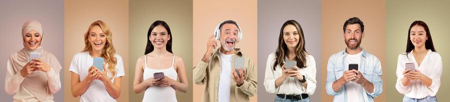 A diverse group of individuals, including men and women of various backgrounds, happily engaging with their smartphones in a warm, inviting setting. They express joy and connection. photo