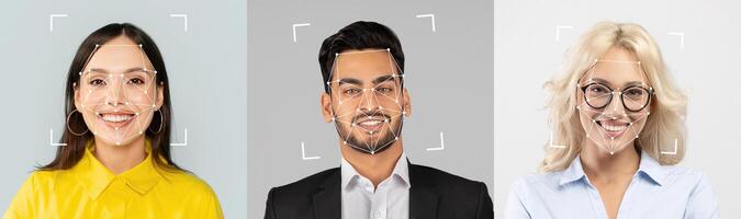Face ID. Three individuals with distinct features smile warmly, each set against a different neutral background. Their expressions radiate friendliness and approachability, highlighting diversity. photo