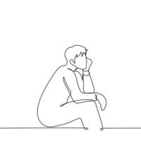 man sitting supporting chin with hand, drawing in profile - one line art . concept dreamy, procrastinating, waiting, lazy man sitting vector