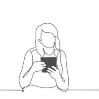woman holding tablet vertically with both hands - single line image. concept of woman using tablet or device with big screen vector