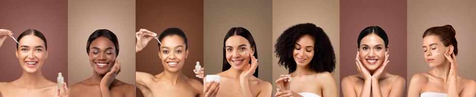 A collage of seven images featuring multiethnic women applying various skincare products to their faces. Each woman is smiling and looks happy and confident while using the products photo
