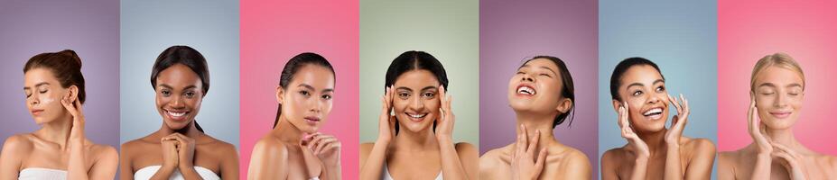 Seven multiethnic women of different skin tones are photographed in a studio setting. Each woman stands against a different colored backdrop, touching their faces and necks. photo
