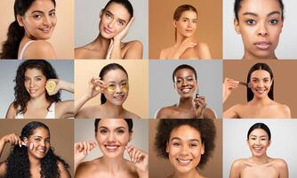 A unified display of global skincare practices, with women from different cultures in a vibrant collage on a minimalist background. photo