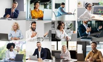 A diverse array of professionals is shown working in a contemporary office environment, participating in virtual meetings. Each individual engages with their laptops photo