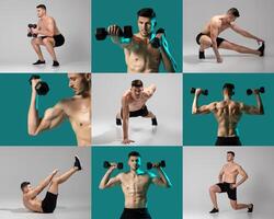 A fit man is engaged in multiple strength training exercises, including stretching and lifting dumbbells, showcasing his workout routine in a gym setting with vibrant backgrounds. photo