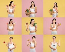 A woman joyfully showcases various food options, including fruits, vegetables, and snacks, in a vibrant, colorful setting that promotes healthy eating and fun meal choices. photo