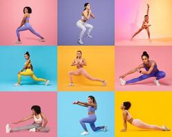 A group of multiethnic women showcases different workout routines in vibrant, colorful settings. Each person performs a distinct exercise, emphasizing strength and flexibility while promoting fitness. photo