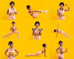 A fit young African American woman performs multiple workout routines in a cheerful yellow setting. She showcases exercises like squats, planks, and arm curls, embodying energy and motivation. photo