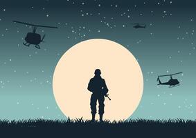 Background of war in situation of soldier standing and hold gun to defend army base vector