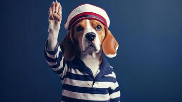 A beagle dressed in a striped sailor shirt and hat raises its paw in a salute, showcasing a playful and charming demeanor against a simple dark blue backdrop. photo