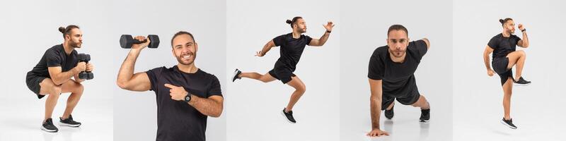 A fit man engages in multiple workout routines, including squats, jumps, and lunges, showcasing strength and agility in a brightly lit studio environment. photo