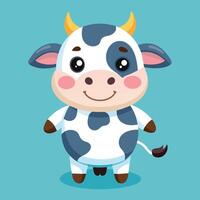Cute cartoon cow standing cheerfully against a pastel blue background, showcasing a playful expression with vibrant features and a friendly demeanor vector