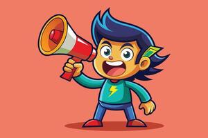 A cheerful cartoon character with a megaphone promotes excitement and enthusiasm for an event in a vibrant and colorful backdrop vector