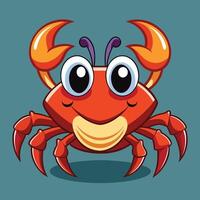A cheerful red crab with large eyes and claws stands against a bright yellow background, showcasing its playful character in an animated style vector