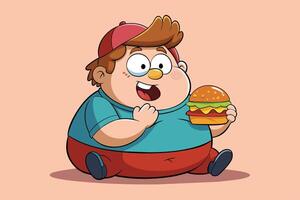 A cheerful cartoon boy enjoys a delicious hamburger with lettuce and tomato in his hand while wearing colorful clothes vector