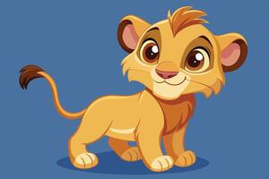 Cheerful animated lion cub standing proudly with a playful expression against a solid blue background vector