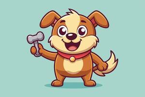 Cheerful cartoon dog holding a bone in a playful pose against a light blue backdrop with a fun expression vector
