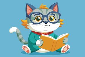 A cartoon cat with glasses reading a book while wearing a red sweater against a teal background in a playful and engaging environment vector