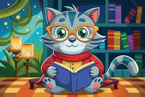 A curious cat in glasses reads a book at a cozy, colorful library filled with plants and bookshelves on a sunny day vector