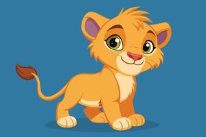 A cheerful cartoon lion cub stands playfully against a blue background, showcasing its lively expression and dynamic pose vector