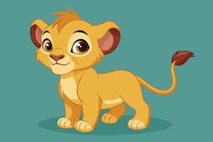 Cute cartoon lion cub with bright eyes and playful expression on a teal background, perfect for children's illustrations and designs vector